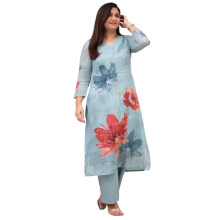 Gosriki Rayon Feminino Blend Kurta impressa em linha reta com Pant (Susan Sky-Gs_xl_sky Blue_x-Large)