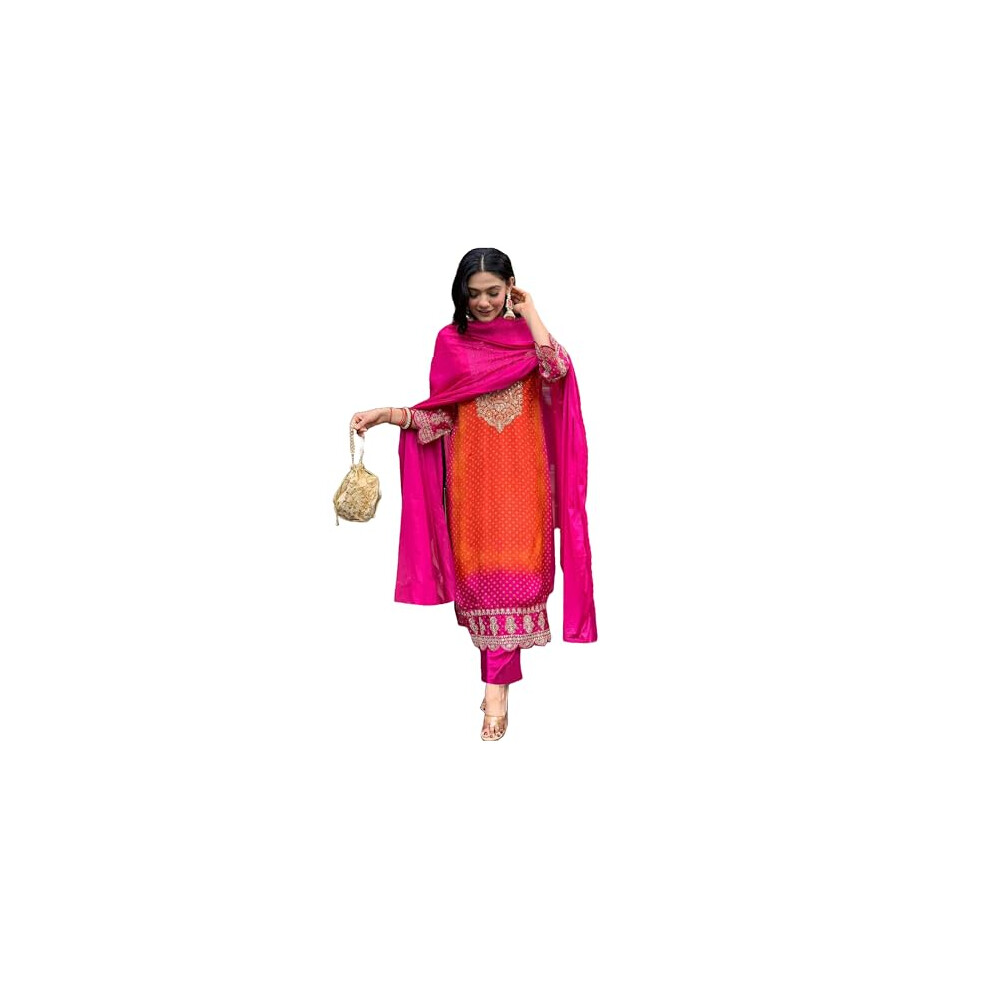 Gosriki Dames Rayon Blend Rechte Geborduurde Kurta Met Broek En Dupatta (Lasivan Pink-Gs_M_Pink_Medium)-image