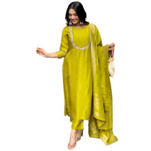 Gosriki Silk Blend Blend bordou Kurta bordado com Pant & Dupatta (Deluxe Green-VKS01-GS_S_GREEN_SMALL)