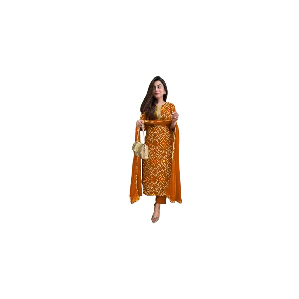 Kurta Con Estampado Bandhej Recto De Mezcla De Ray N Para Mujer De Gosriki, Pantal N Y Dupatta (Turae Mostaza-Gs_M_Mostaza_Mediano)-image