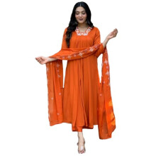 Gosriki Feminino Rayon Blend Anarkali Thread Work Kurta com Pant & Dupatta (Ashvthama Orange-GS_L_ORANGE_LARGE)