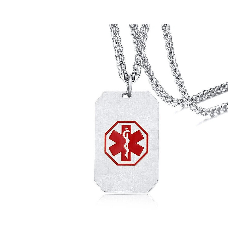 Silver (, No Engraving) Medical Alert Id Pendant Women Men Necklace Chain Dog Tag Personalized Engraving Hot