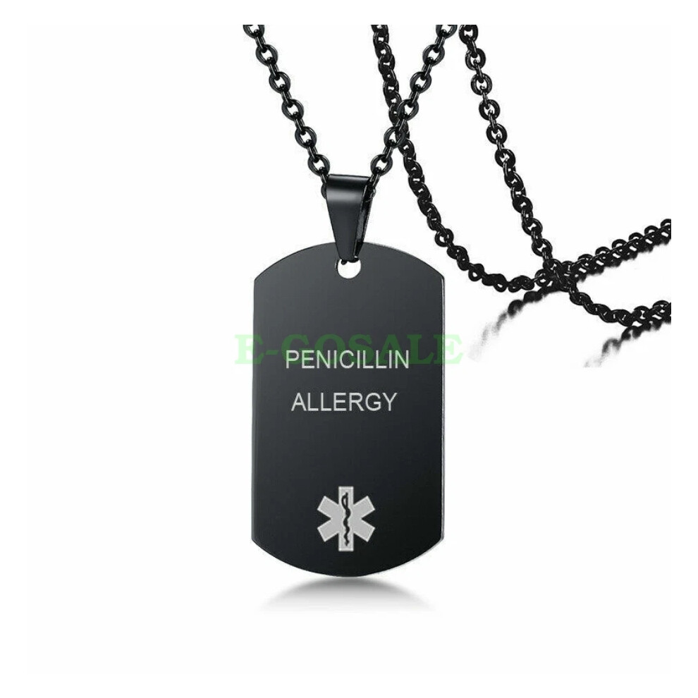 Black (Penicillin Allergy) Stainless Steel Emgerency Medical Alert Id Pendant Necklace