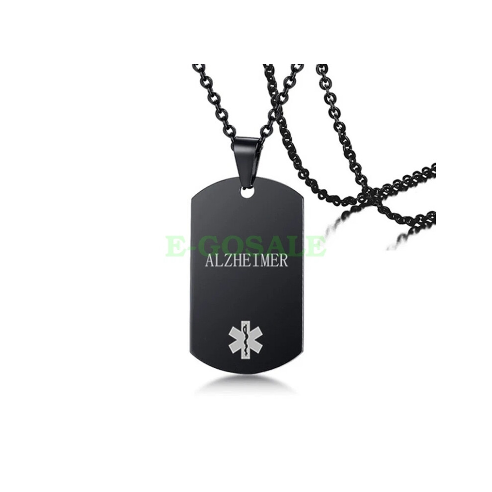 Black (Alzheimer) Stainless Steel Emgerency Medical Alert Id Pendant Necklace