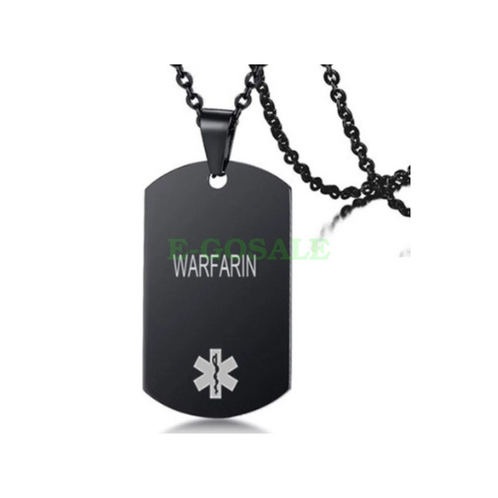 (WARFARIN) Black Stainless Steel Emgerency Medical Alert ID Pendant Necklace