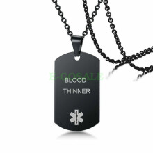 (BLOOD THINNER) Black Stainless Steel Emgerency Medical Alert ID Pendant Necklace