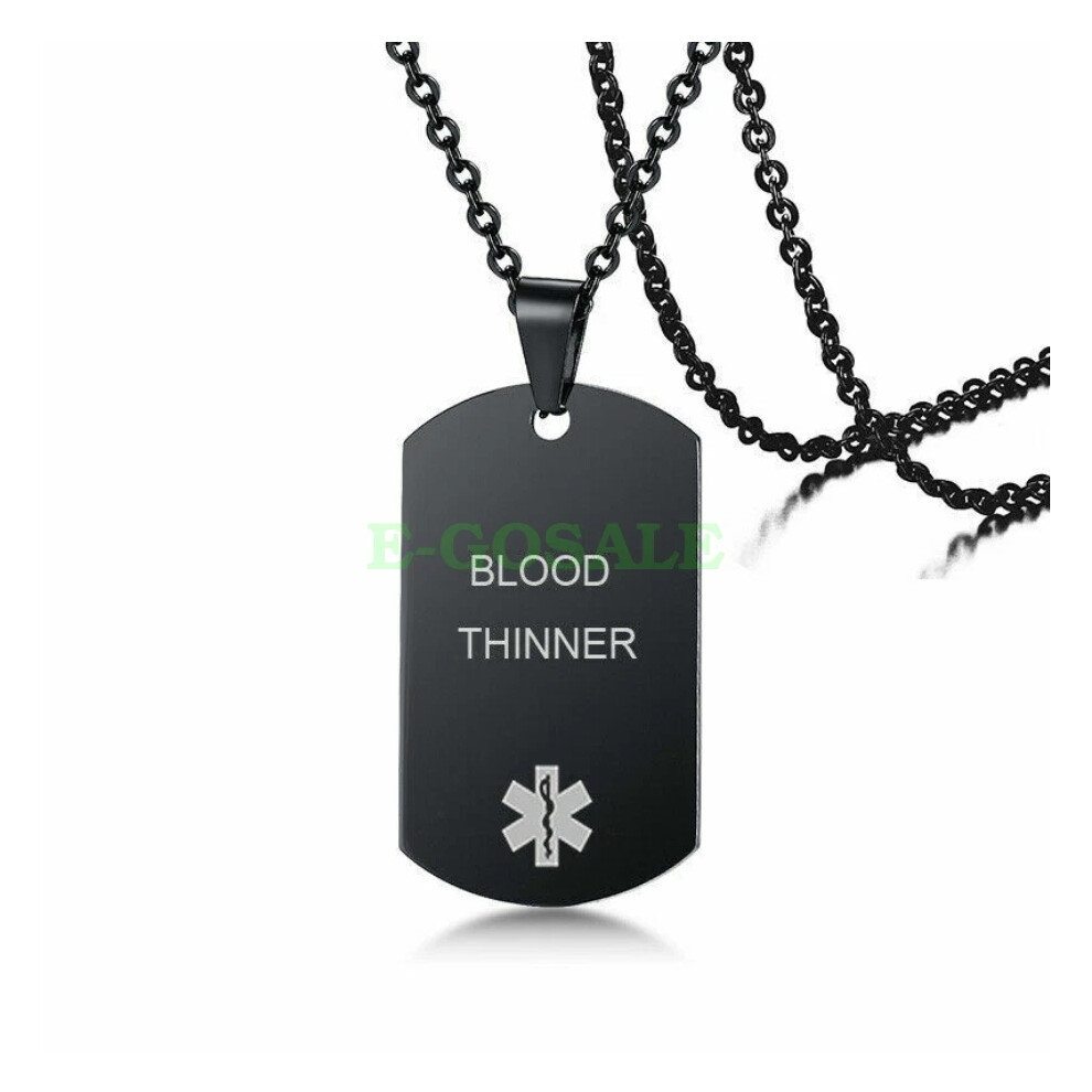 (BLOOD THINNER) Black Stainless Steel Emgerency Medical Alert ID Pendant Necklace