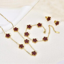 (Wine red) Five-leaf clover necklace, bracelet and stud 3-piece set, fashionable, lucky and versatile