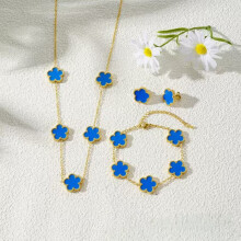 (blue) Five-leaf clover necklace, bracelet and stud 3-piece set, fashionable, lucky and versatile