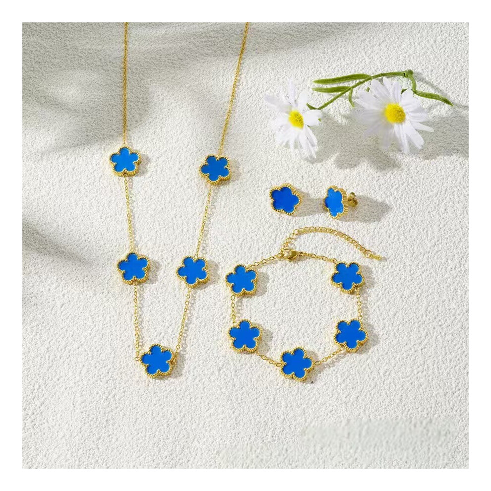 (blue) Five-leaf clover necklace, bracelet and stud 3-piece set, fashionable, lucky and versatile