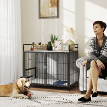 (L) PawHut Dog Crate Furniture with Rotating Bowl Holder, Grey