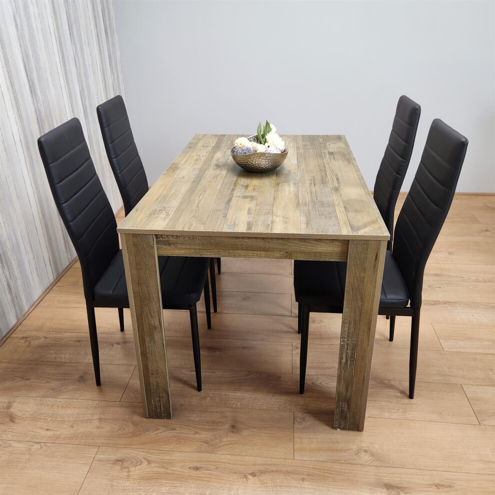 Dining Table and 4 Chairs Rustic Effect Wood Table 4 Black Leather Chairs Dining Room