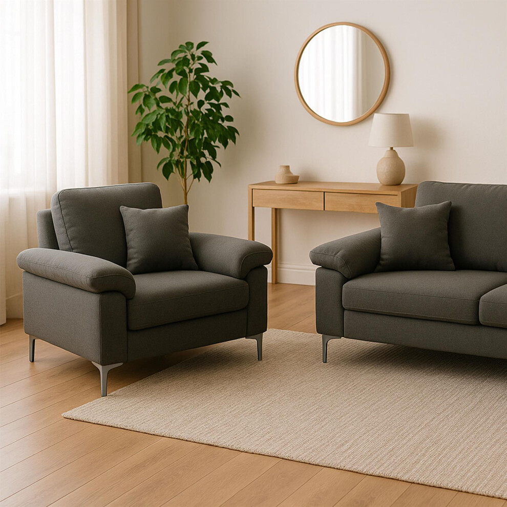Modern Grey Sofa 2  1 Seater Set Fabric with Chrome Feet - Comfortable Couch with Cushion for Living Room, Bedroom or Office
