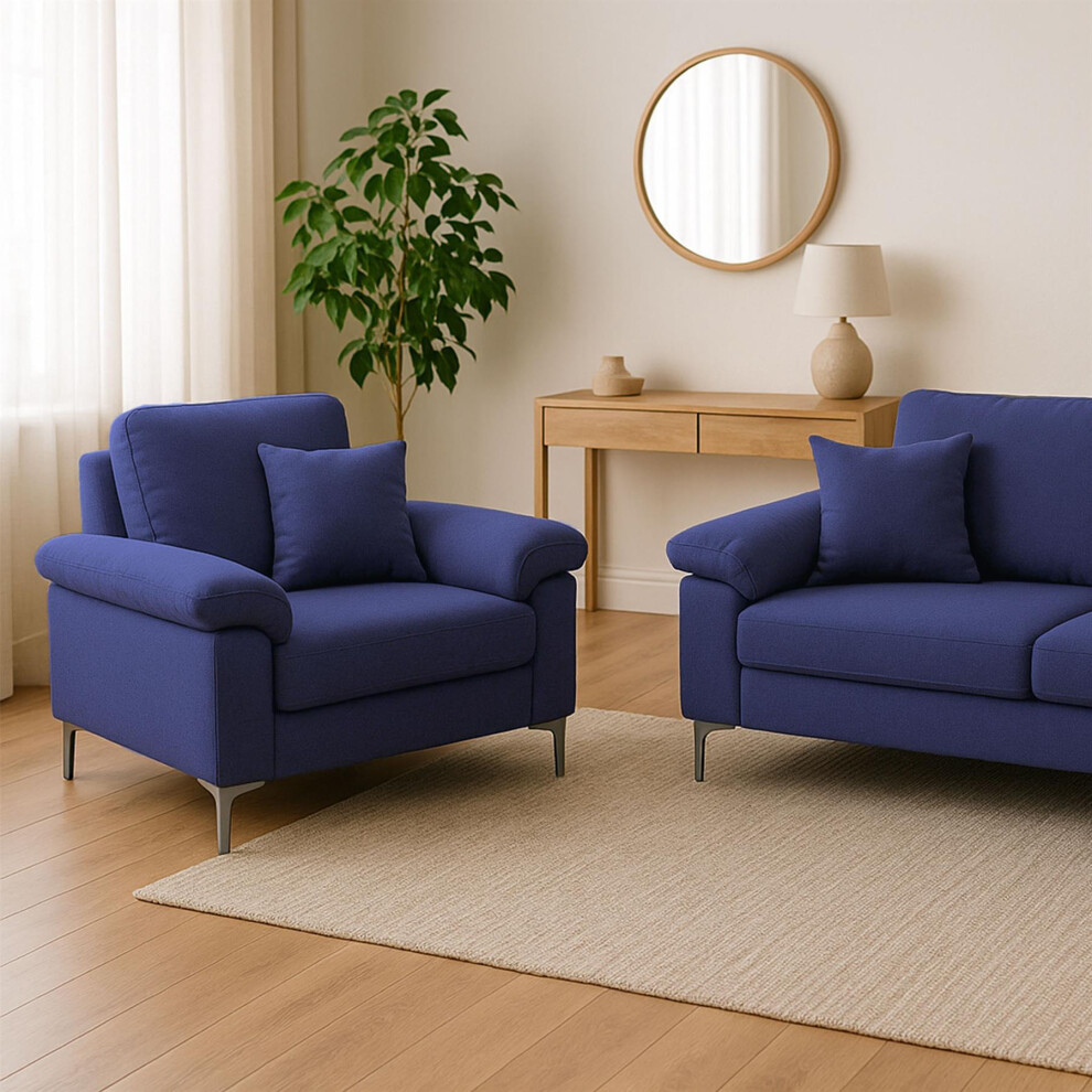 Modern Blue Sofa 2  1 Seater Set Fabric with Chrome Feet - Comfortable Couch with Cushion for Living Room, Bedroom or Office