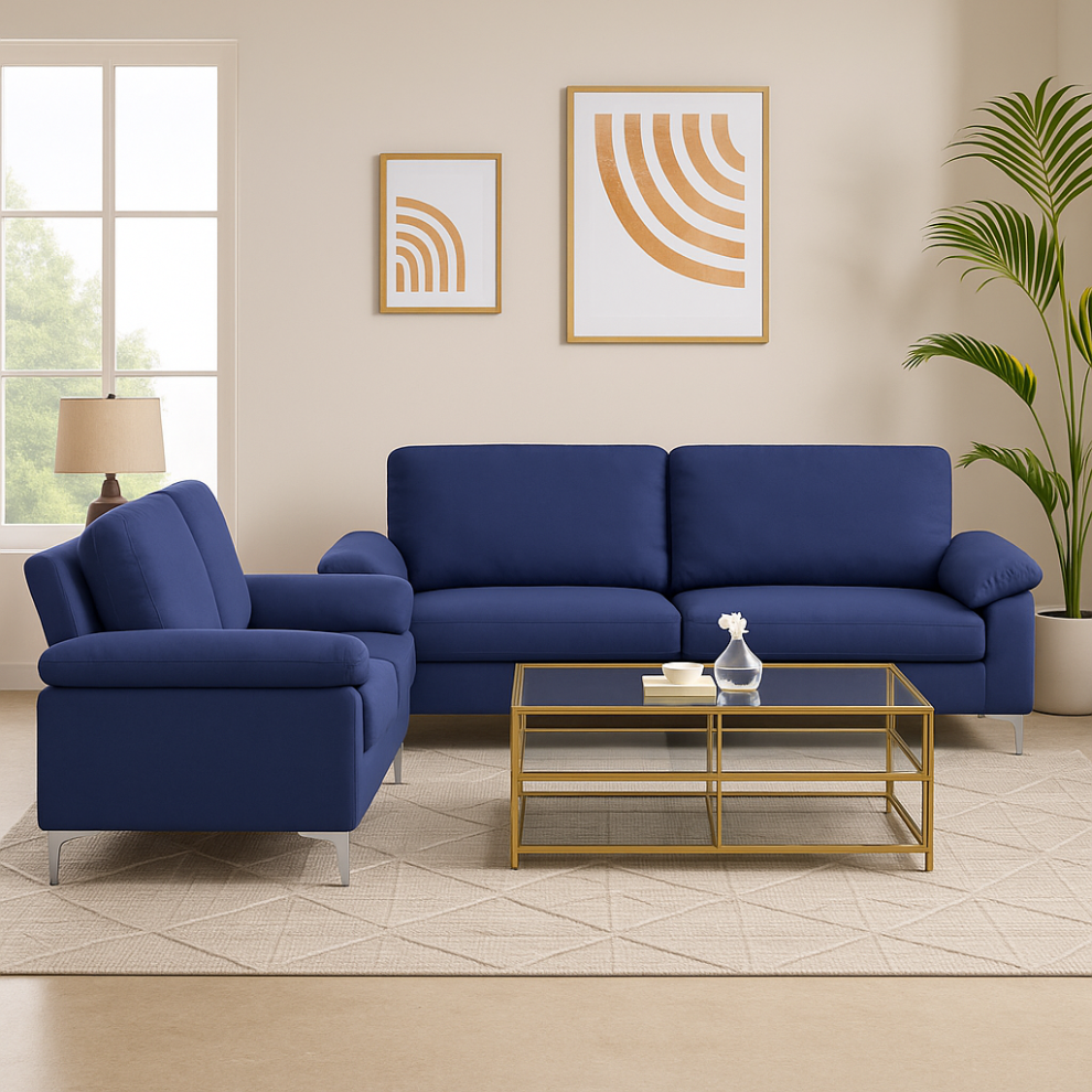 Modern Blue Sofa 3  2  Seater Set Fabric with Chrome Feet - Comfortable Couch with Cushion for Living Room, Bedroom or Office