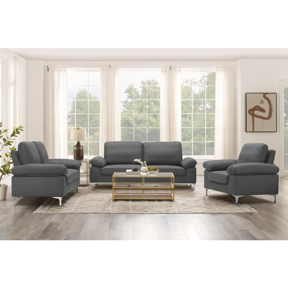 Modern Grey Sofa 3 2 1 Seater Set Fabric with Chrome Feet - Comfortable Couch with Cushion for Living Room, Bedroom or Office