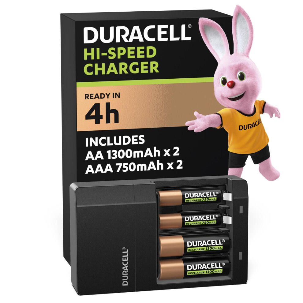 DURACELL Hi-Speed Battery Charger, 4 hours, Compatible with AA and AAA NiMh Batteries, 2x AA 1300mAh and 2x AAA 750 mAh, Rechargeable Batteries Inclu