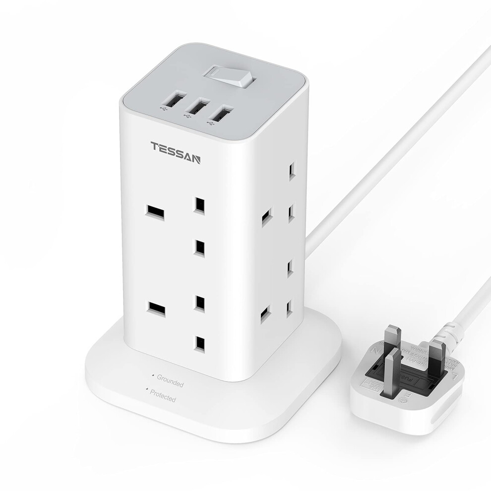 Tower Extension Lead with 3 USB Slots, TESSAN 8 Way Multi Plug Extension Tower, Surge Protection Extension Cord with Switch, Plug Socket Tower Power
