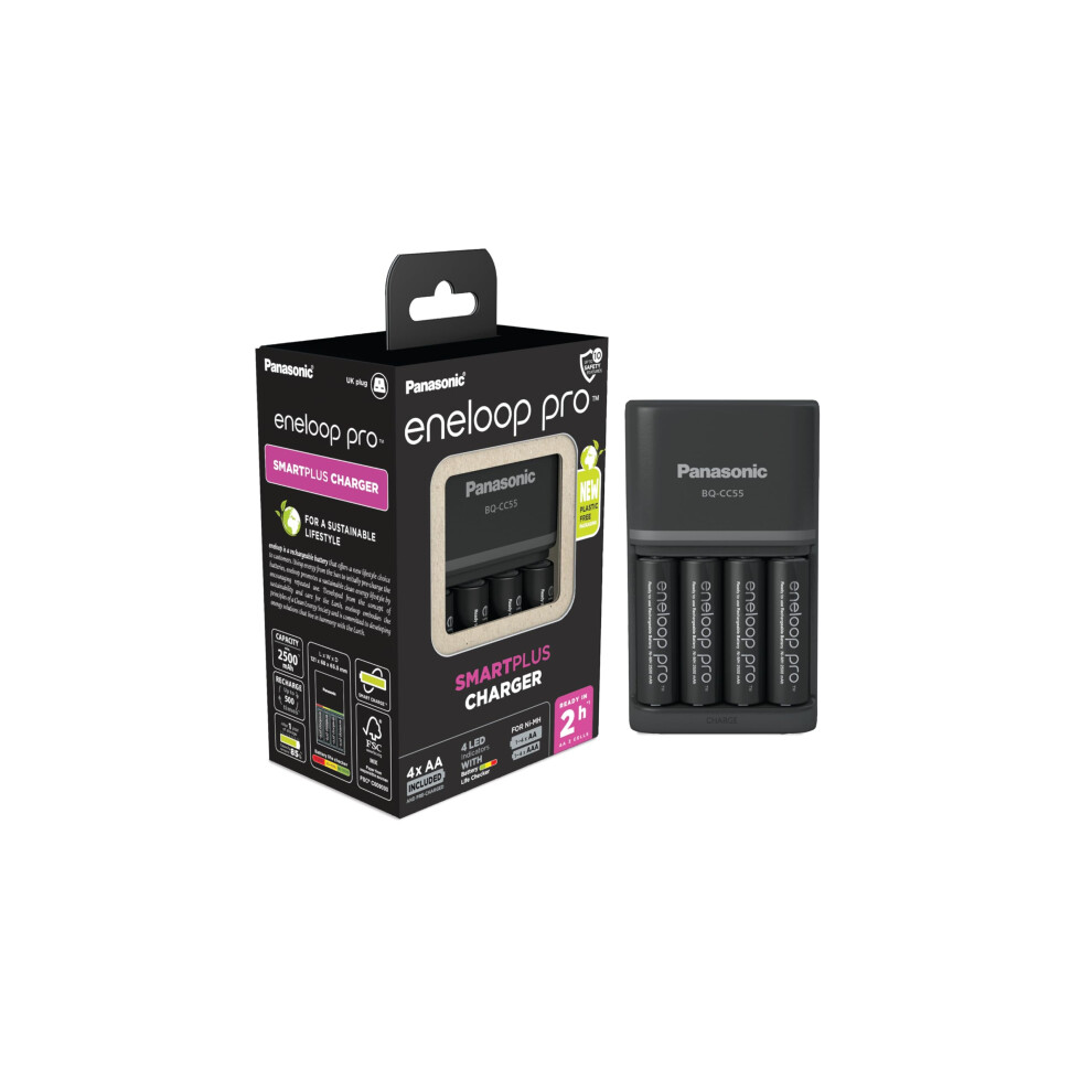eneloop pro SmartPlus Charger, for 1-4 AA/AAA Rechargeable Batteries, 2h Charging Time, 10 Safety Features, 4 eneloop pro AA batteries included (2500