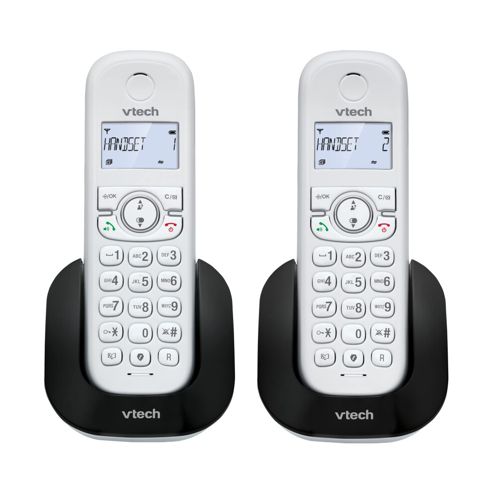 VTech CS1501 DECT Cordless Phone with Call Block, 2 Handsets, Intercom, Landline House Phones, White, Caller ID/Call Waiting, Redial, Handsfree, illu