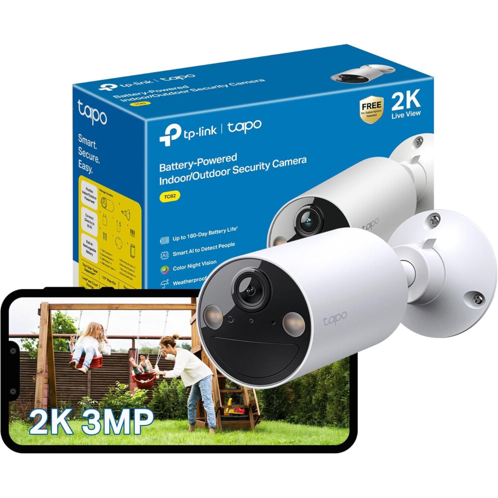 Tapo TC82 2K Battery Security Camera Outdoor Wireless, Indoor & Outdoor CCTV Camera, Colour Night Vision, No Monthly Fee, AI Detection, IP65, 180-Day