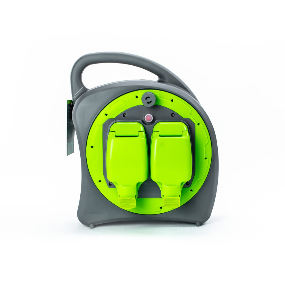 STATUS 2 Socket Cable Reel, 20m, Green, Heavy Duty Outdoor Extension Lead, 13 Amp, Thermal Cut Out, Waterproof, IP54 Rated, Ideal for Garden, Worksho