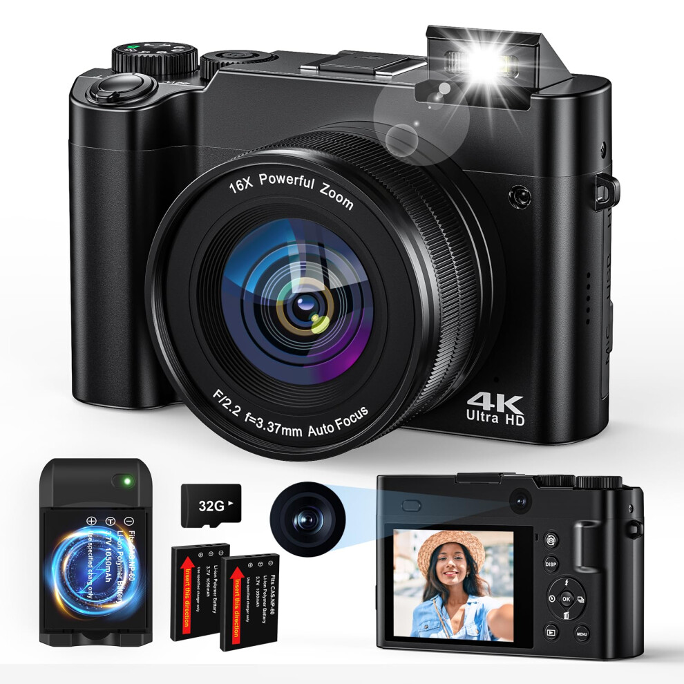 Digital Camera, 4K 64Mp Camera For Photography Autofocus Selfie Camera, Vlogging Camera For Youtube With Anti-Shake Flash 16X Digital Zoom 32G Light 9033101772355