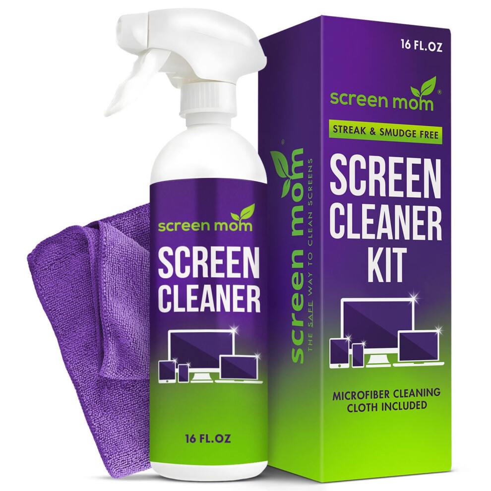 Screen Mom Screen Cleaner Spray and Microfiber Cloth 16oz Formulated in the USA Screen Cleaner Spray and Wipes for TV, Laptop, Computer, Phone, iPad,
