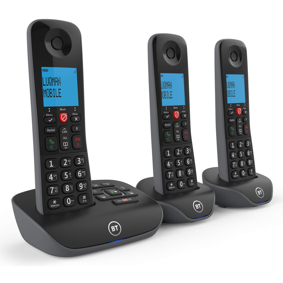 BT Essential Cordless Landline House Phone, Nuisance Call Blocker, Call Block button, Answer Machine, Trio Handset Pack