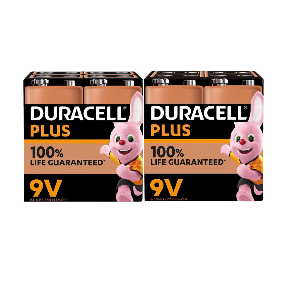 8 x Duracell 9V plus (2 blister packs of 4 batteries) 8 batteries (6LR61/MN1604)
