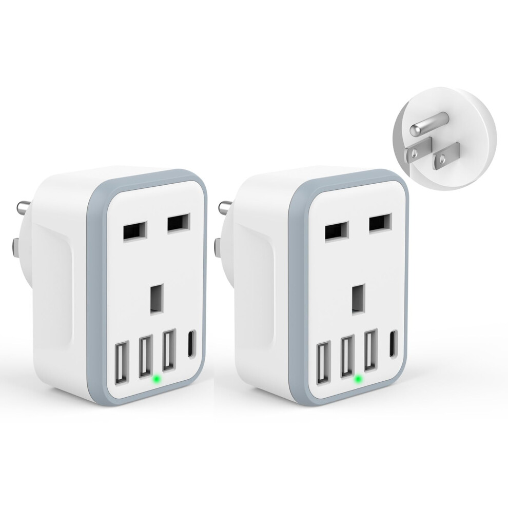 Loydia UK to US Plug Adaptor, 2 pack USA Travel Adapter with 3 USB &1 USB C Ports, 5 in 1 US Plug Adapter from UK to USA, Canada, Thailand, Mexico, C
