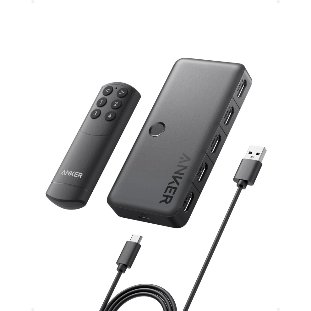 Anker HDMI Switch, 4K@60Hz HDMI Switcher, 4 in 1 Out with Smooth Finish, Supports HDR, 3D, Dolby, DTS, Compatible with Laptops, PC, Xbox, Projector (