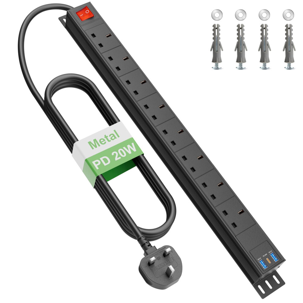 8 Way Power Strip Surge Protector USB C PD20W, Extension Lead with Switches Surge Protected, Wall Mount Power Strip for Home Office, 1.8M Cable Exten