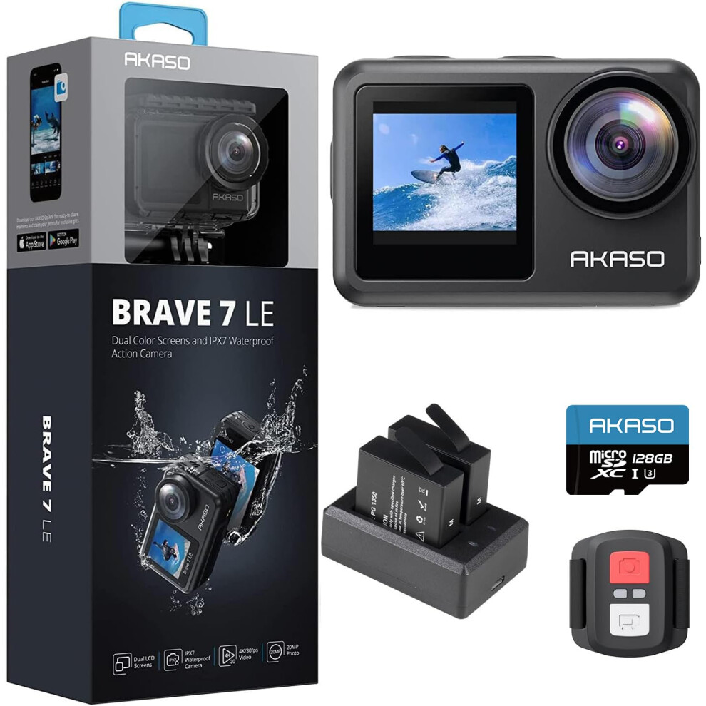 AKASO Brave 7 LE Action Camera with 128GB microSDXC Memory Card - 40M Waterproof Underwater Camera EIS 2.0 Native 4K 20MP Touch Screen WiFi Sports Ca