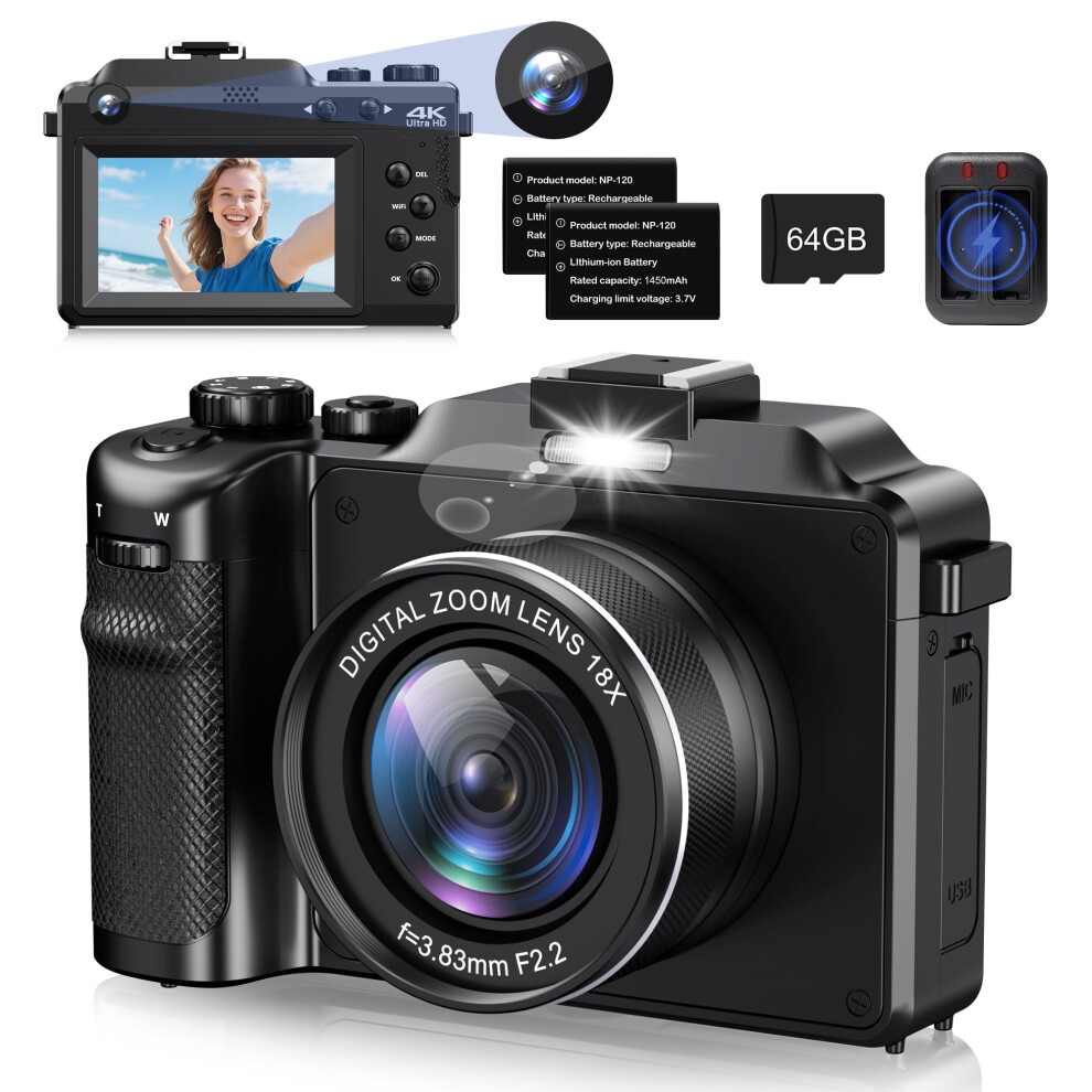 Digital Camera, 4K 64MP Autofoucs Vlogging Camera with 18X Digital Zoom, Compact Digital Camera with Flash Light & Anti-Shake, Photography Camera for