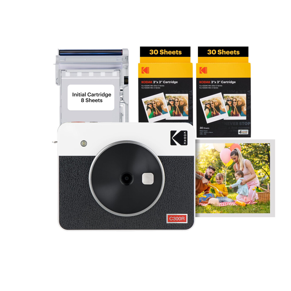 KODAK Mini Shot 3 Retro 4PASS 2-in-1 Instant Camera and Portable Photo Printer (7.6 x 7.6 cm) plus Package with 68 Sheets, White