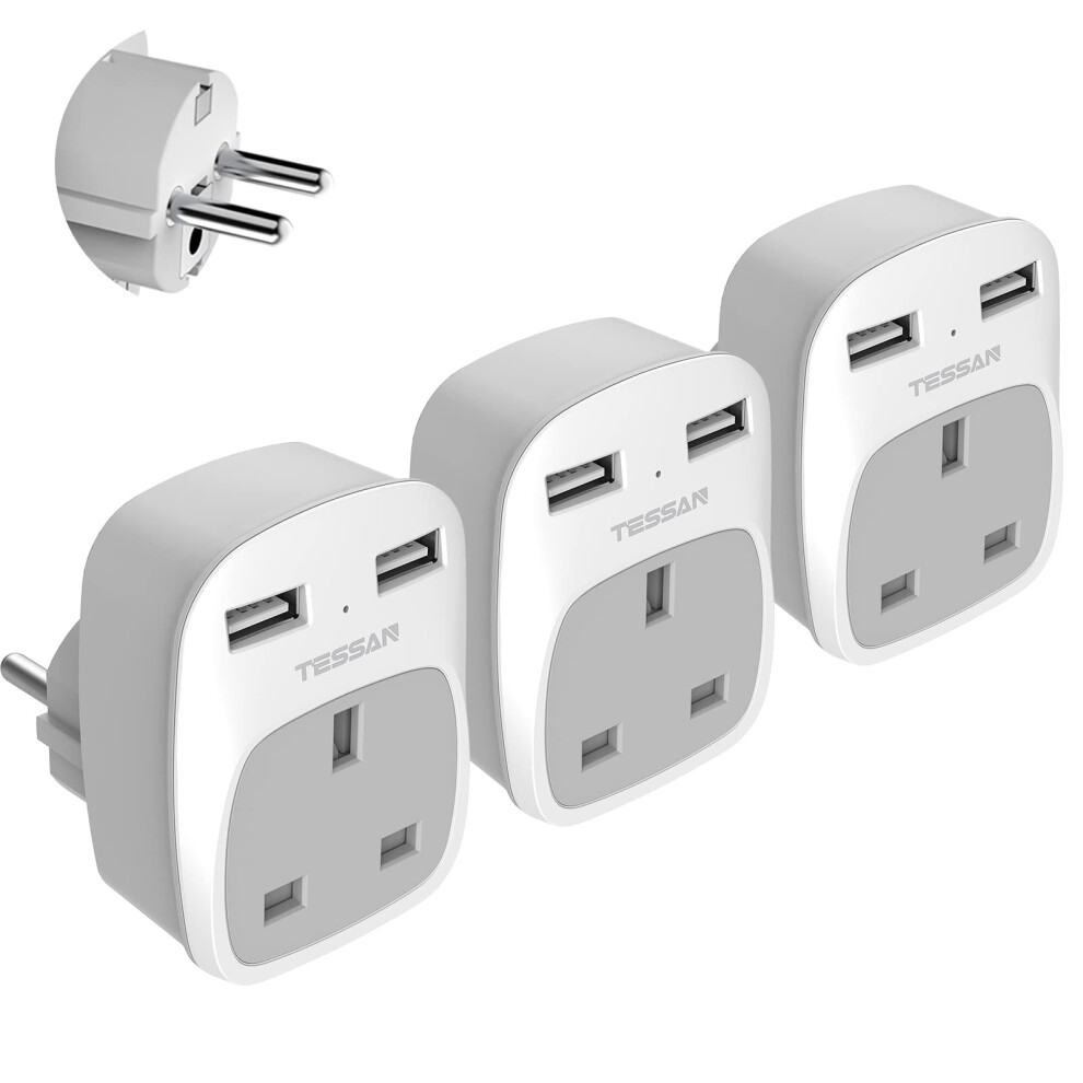Tessan Uk To European Plug Adapter 3 Pack, Grounded Travel Adapter To Eu Euro Schuko With 2 Usb Ports For Europe Spain France Germany Greece Turkey P