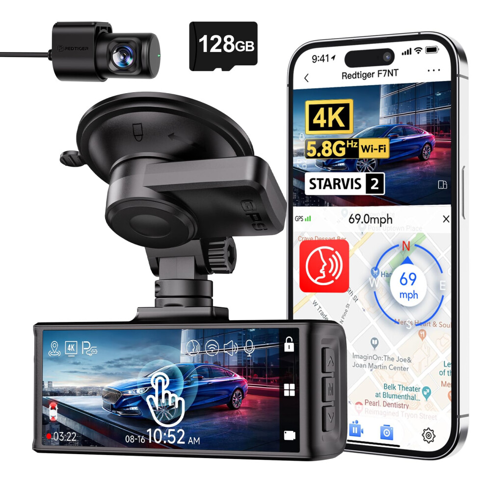 REDTIGER 4K Dash Cam Front and Rear, Touch Screen 3.18 Inch, Voice Control, 5.8GHz WiFi Car Dash Camera with 128GB Card, GPS, UHD 2160P Night Vision,-image-OPC-PHJ8GGF-NEW