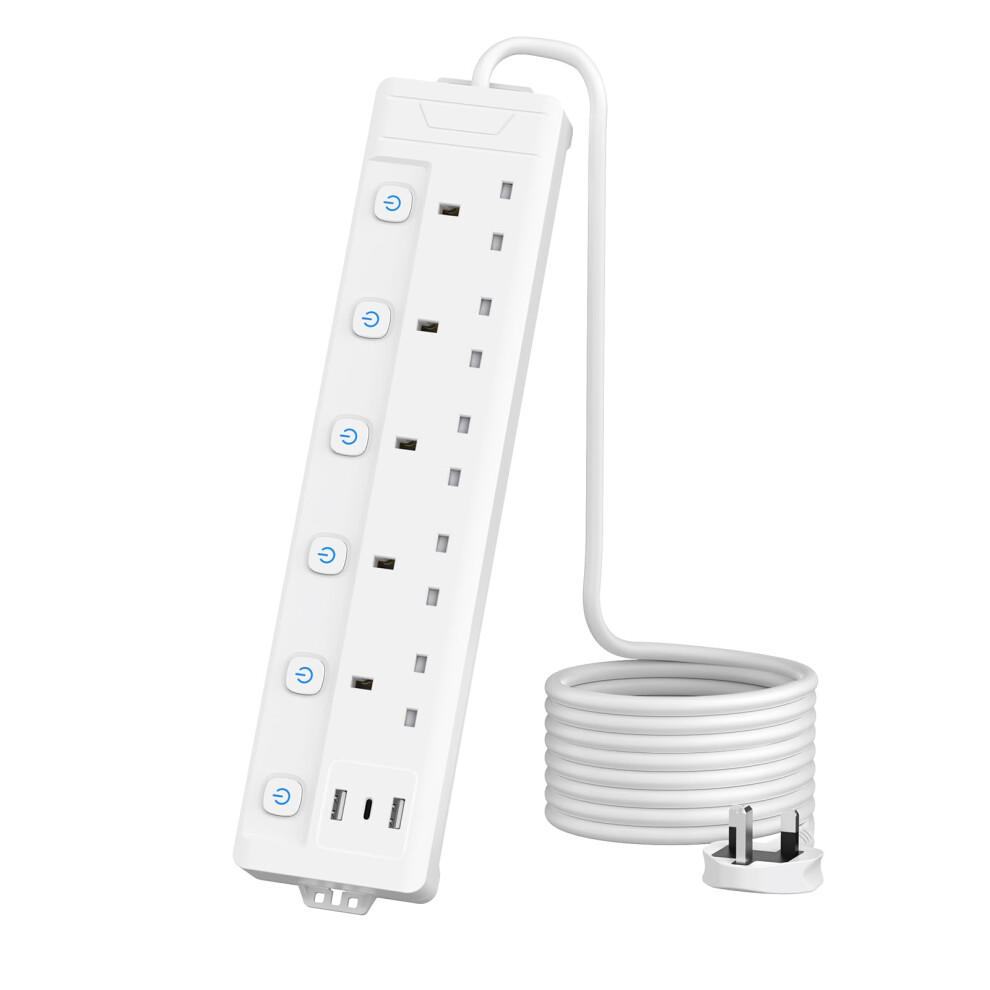 Photos - Electrical Wire & Cable 4M Extension Lead 5 Way with 3 USB Slots , Individually Switched, White 4 Metre Extension Lead, For Home Do(2 USB-A,1 USB-C)