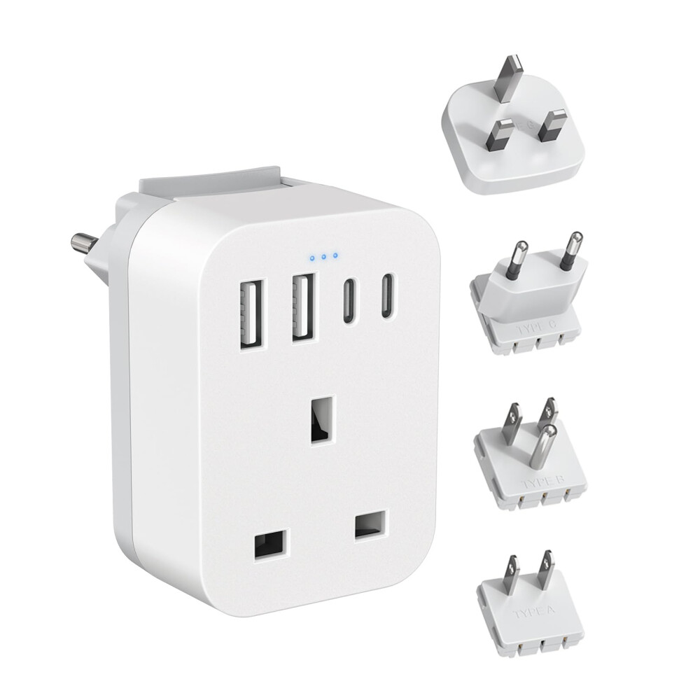 UK to Worldwide Travel Adapter Set, Travel Adapter Kit with 4 USB Ports (2 USB C), International Plug Adapter with 4 Removable Plug