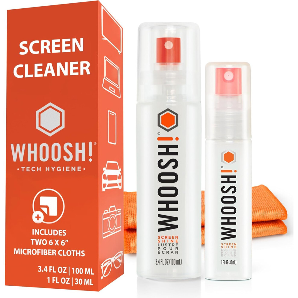 WHOOSH! Screen Shine Duo XL Keyboard Cleaning Kit - 100 mL + 30 mL Leak Free Bottles for Office & Travel with 2 Microfiber Cloths - Fingerprint & Smu