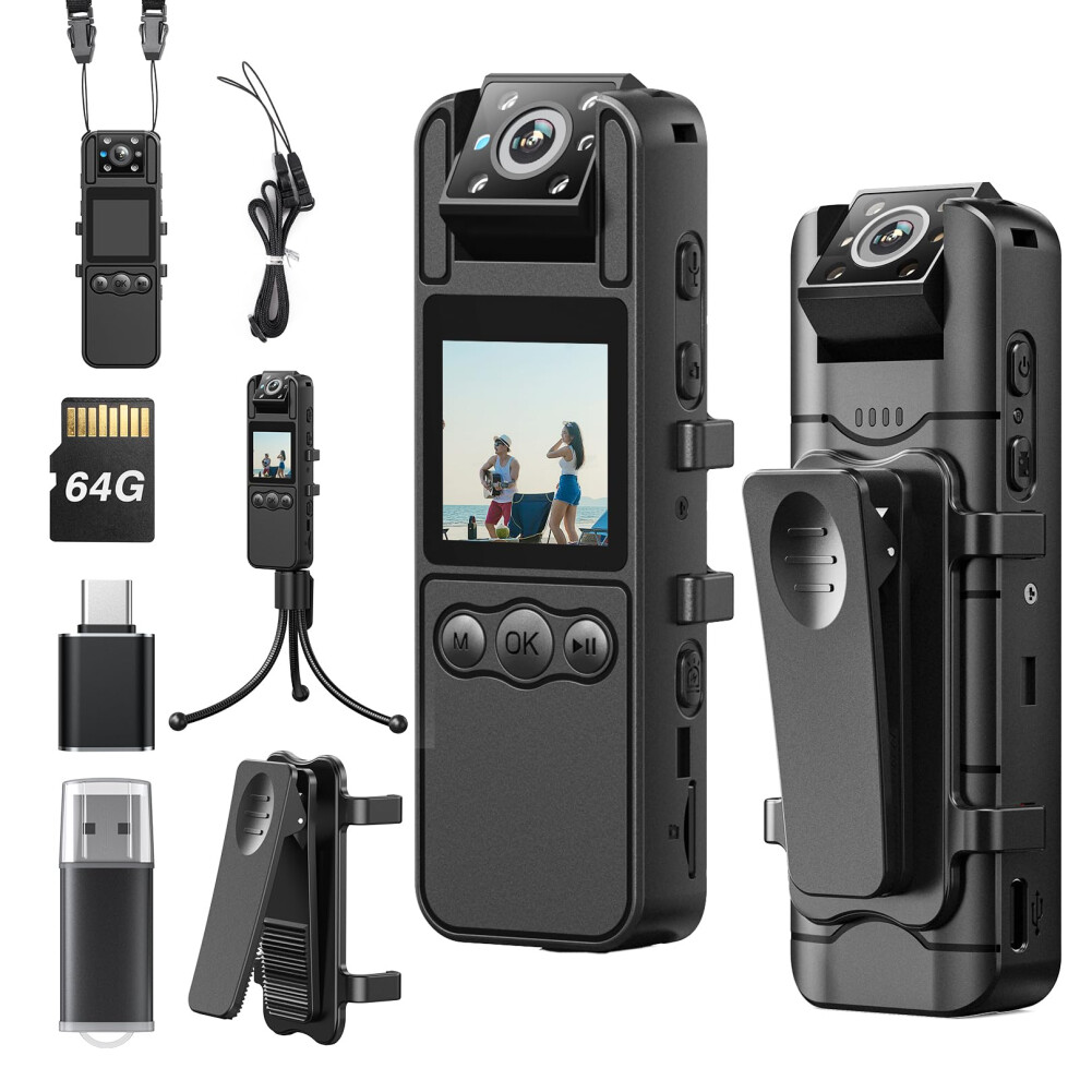 BOBLOV A26 Mini Body Camera 64GB with Rotation Lens, Tripod, 1080P Small Body Cams with Night Vision, 6 Hrs Video Recording, Personal Body Worn Camer
