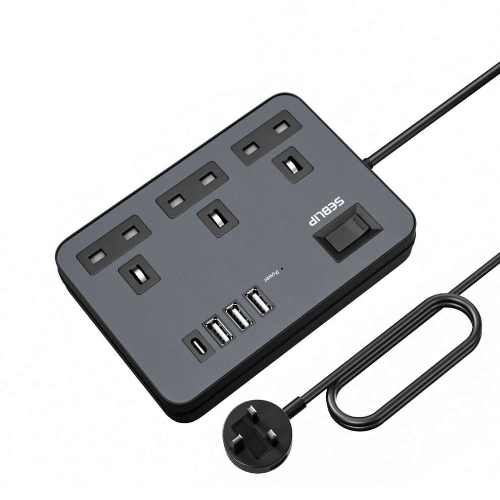 1m Black Extension Lead with USB Sockets, Modern Indoor Extension Cord with Power Switch, 3 Sockets and 4 USB Ports (Black, 100cm/39inch)