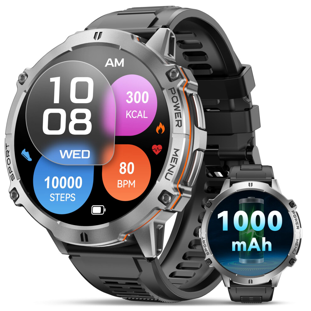 OUKITEL Military Smart Watch for Men Answer/Make Calls, 1.73" AMOLED Fitness Watch with 1000mAh Battery/IP68 Waterproof/Heart Rate/Blood Oxygen/Compa