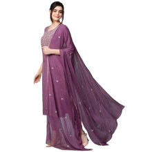 Gosriki Feminino Blend bordado Kurta reto com Pant & Dupatta (Kasturi Purple-NGT-GS_L_PURPLE_LARGE)