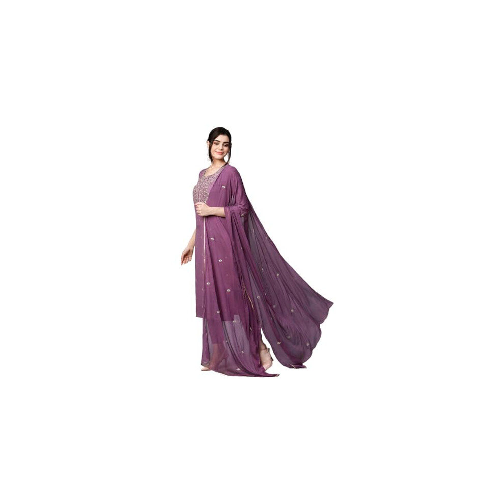 Kurta Droit Brod En Coton M Lang Pour Femme Gosriki Avec Pantalon Et Dupatta (Kasturi Purple-Ngt-Gs_5Xl_Purple_Xxxxx-Large)-image