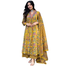 Gosriki Blend feminina Blend Anarkali Imprimiu Kurta com Pant & Dupatta & Dupatta (CIA Yellow-GS_M_Yellow_medium)