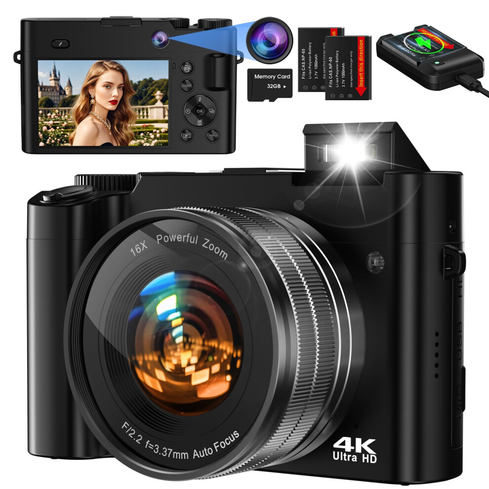 Digital Camera,Bofypoo 64Mp Autofocus Vlogging Camera With Front And Rear Dual Cameras 32G Memory Card,4K Compact Digital Camera With 16X Digital Zoo 8347637361428
