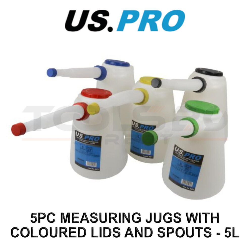 US PRO Tools 5PC measuring Jugs With Coloured Lids And Spouts - 5 Litre 9271