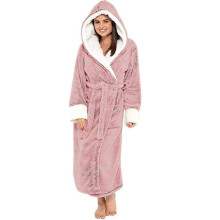(XL,Pink)Women Sherpa Fleece Bathrobe Soft Dressing Gown Hooded Fluffy Towling Bath Robe